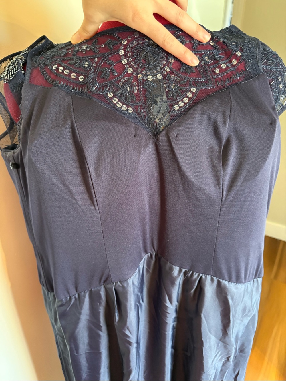 Le Chateau Navy Blue Ruched Chiffon Maxi Dress Beaded Illusion Neck 8 - Picture 15 of 16